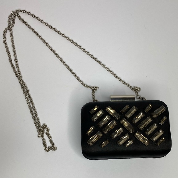 Bebe Black Satin Clutch with Silver Strap Used - Picture 3 of 10